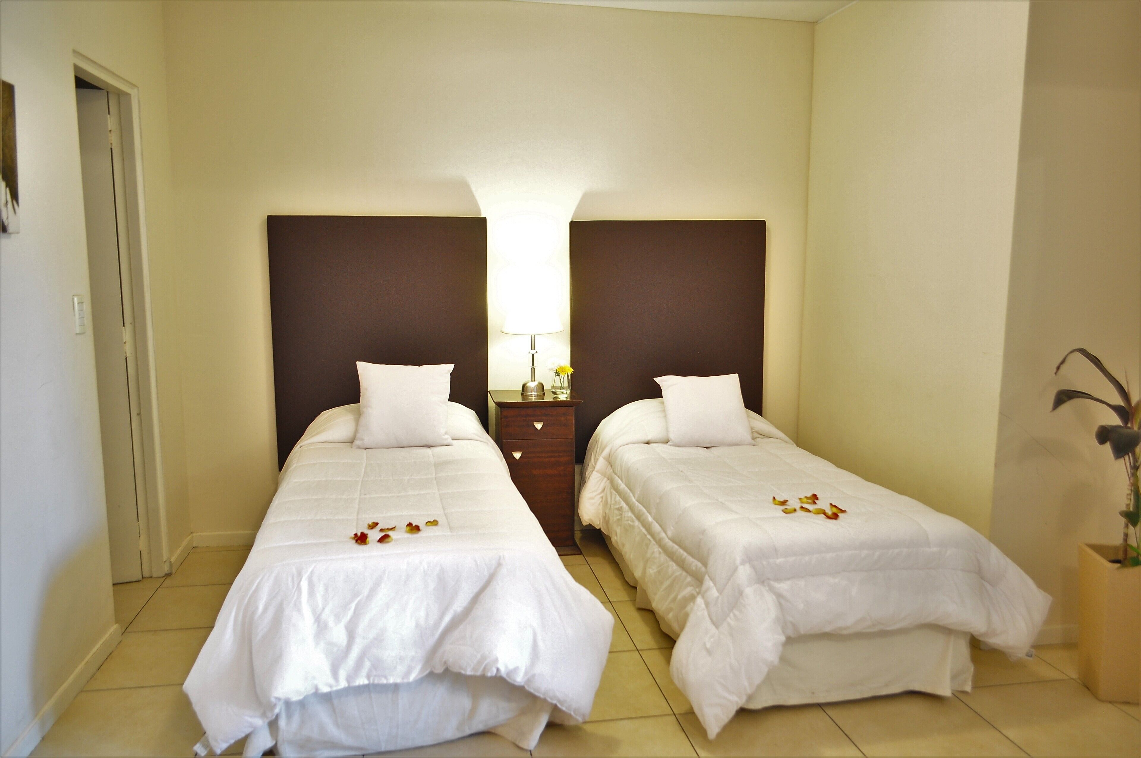 A hotel room with two single beds, a nightstand with a lamp, and a potted plant.
