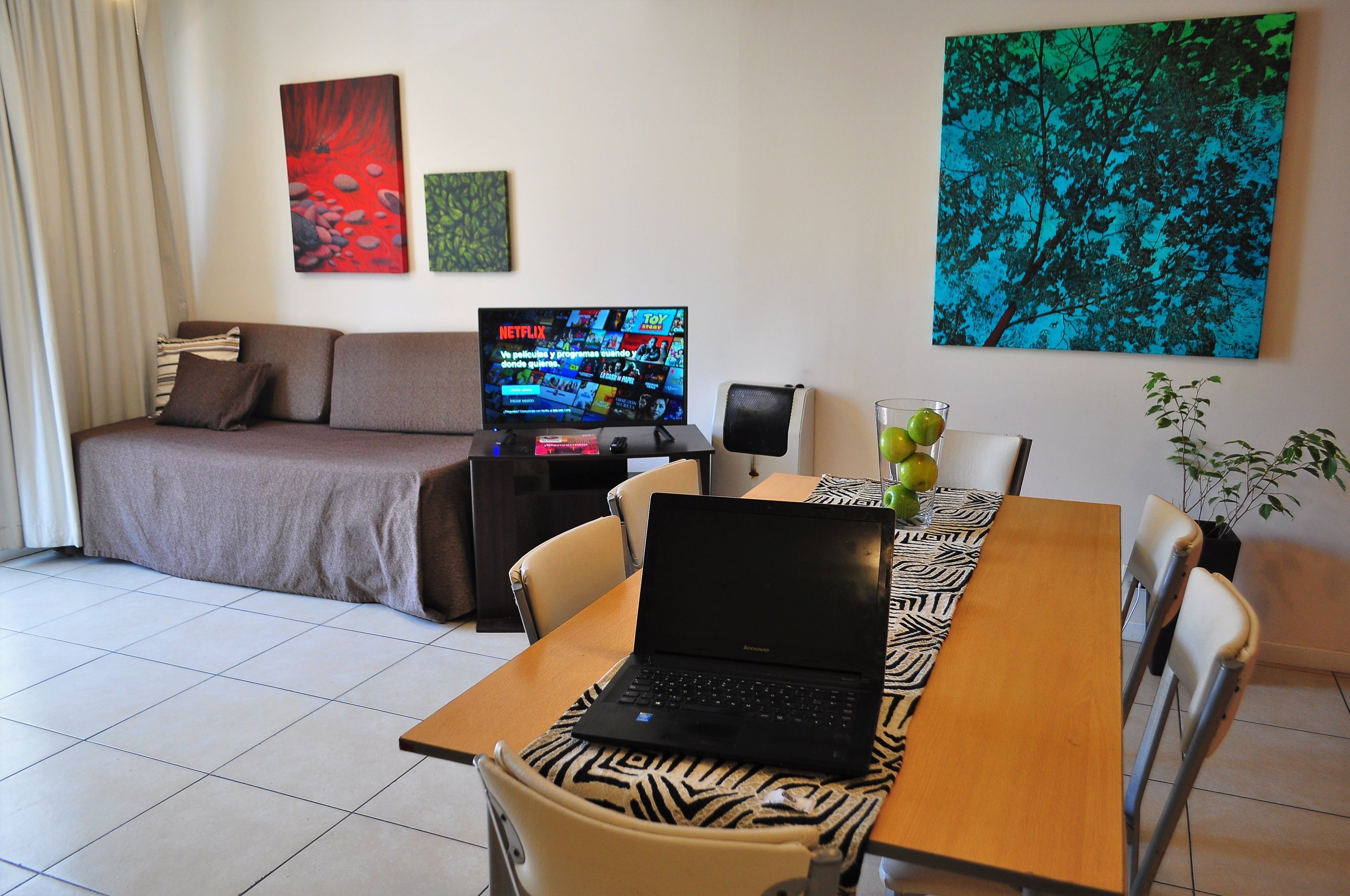 A living room with a sofa, a coffee table with a laptop, a TV displaying a Netflix interface, and a dining area with chairs and a table.