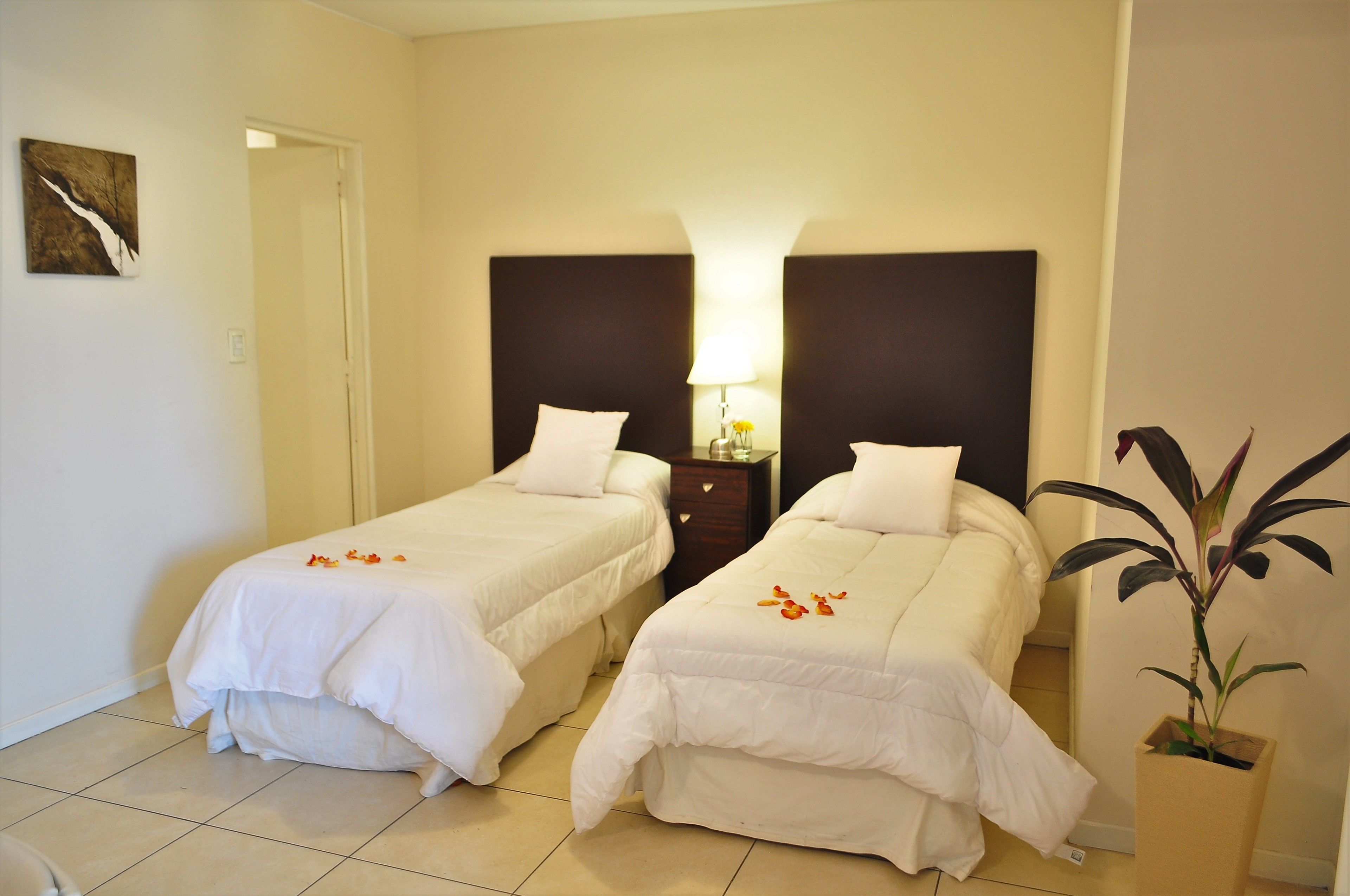 A hotel room with two single beds, a nightstand with a lamp, and a potted plant.