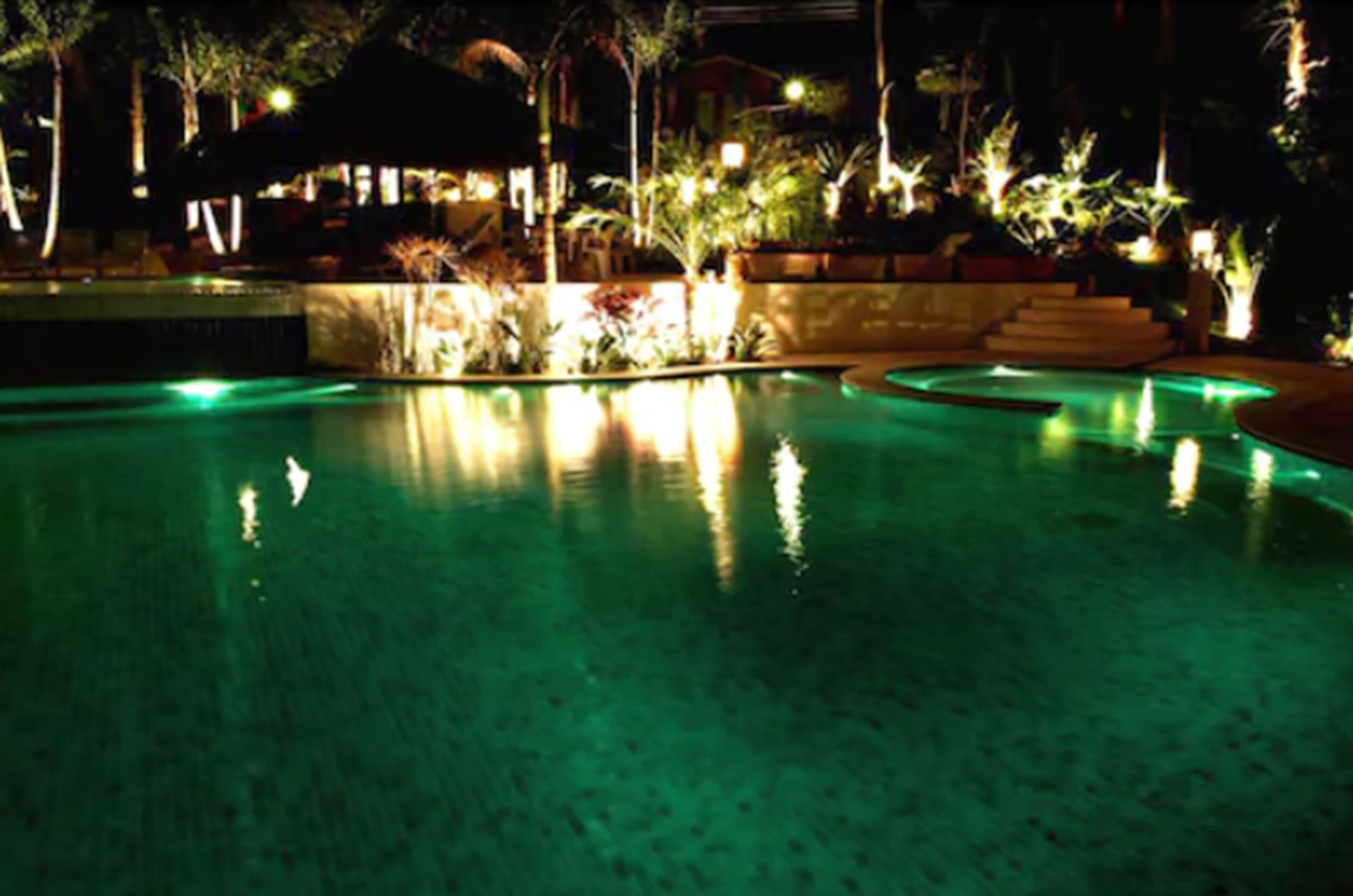 Una piscina nocturna con bordes iluminados y vegetación circundante.