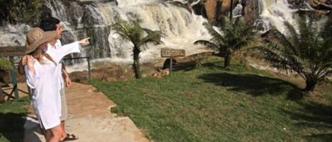 Una cascada con un sendero adoquinado que la lleva a ella, palmeras y un cartel.