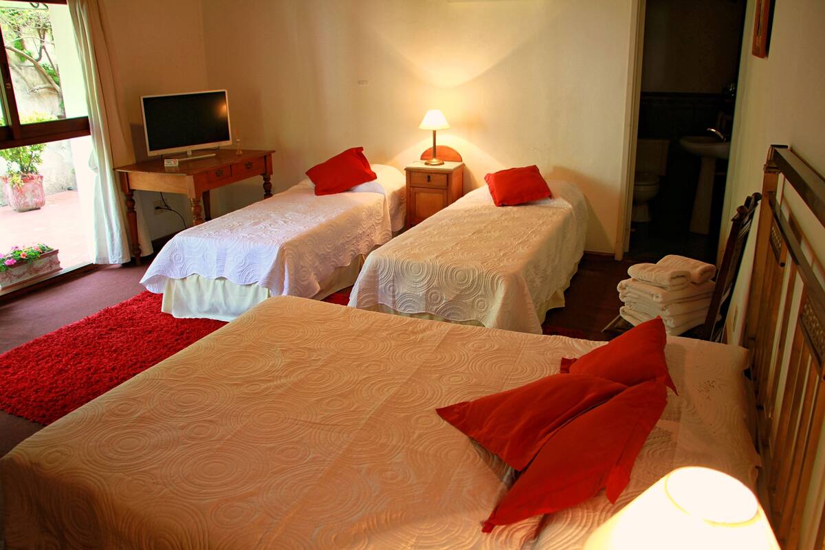 A hotel room with two single beds, a TV, a lamp, and a red rug.
