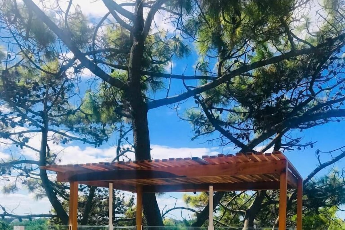 A hot tub with a wooden deck and glass enclosure, surrounded by trees and a clear sky.
