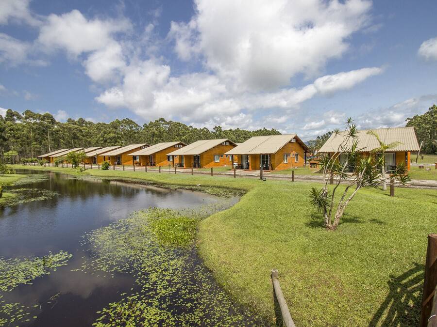 A row of wooden cabins with a pond in the foreground.