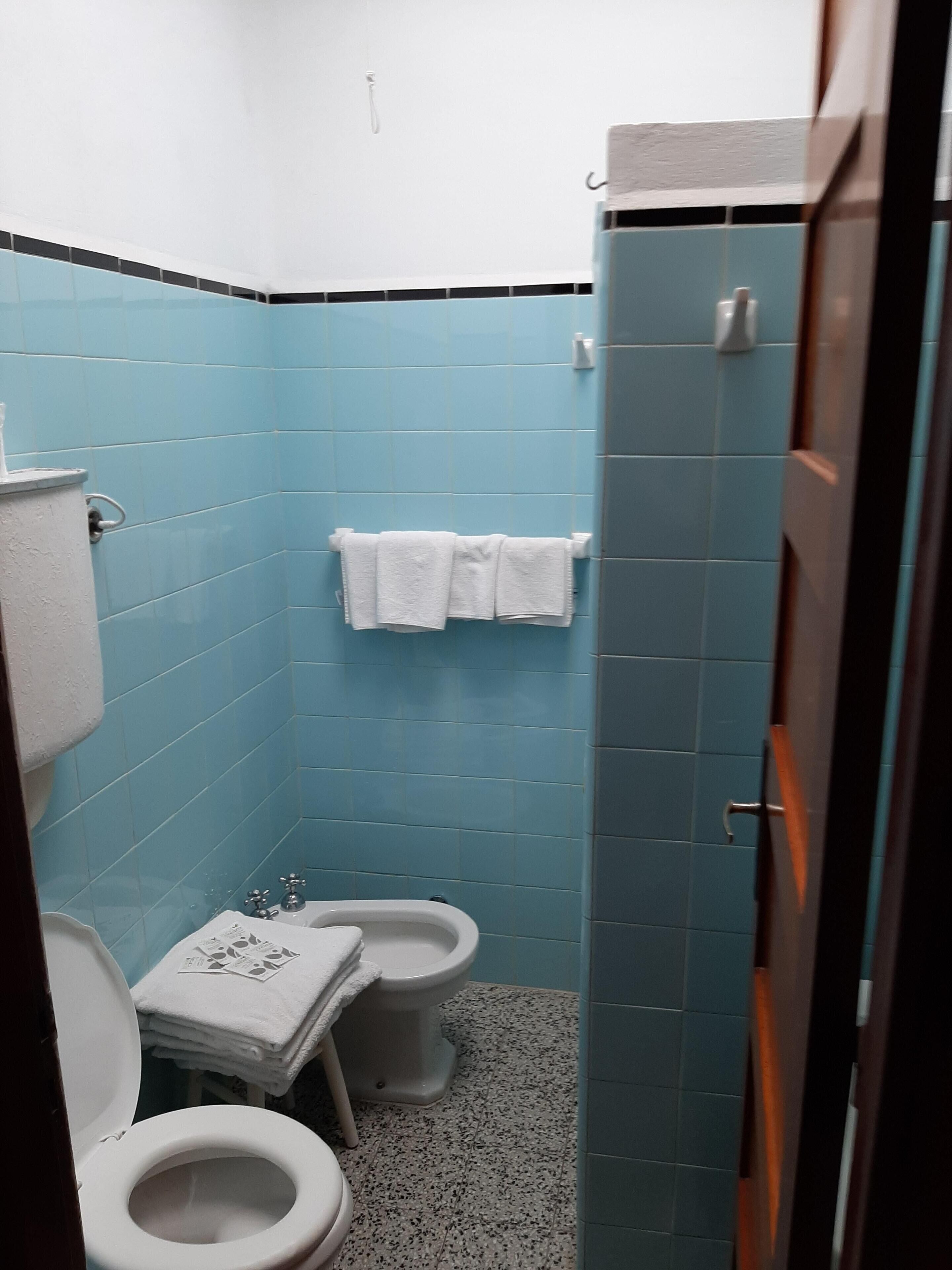 A small bathroom with blue tiles, a toilet, a bidet, and a stack of white towels.