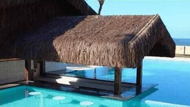Una estructura junto a la piscina con techo de paja, una piscina azul cristalina y vistas al océano.