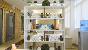 Zona de spa con mostrador de recepción, área de recepción con dispensador de agua y estantes con toallas y plantas.