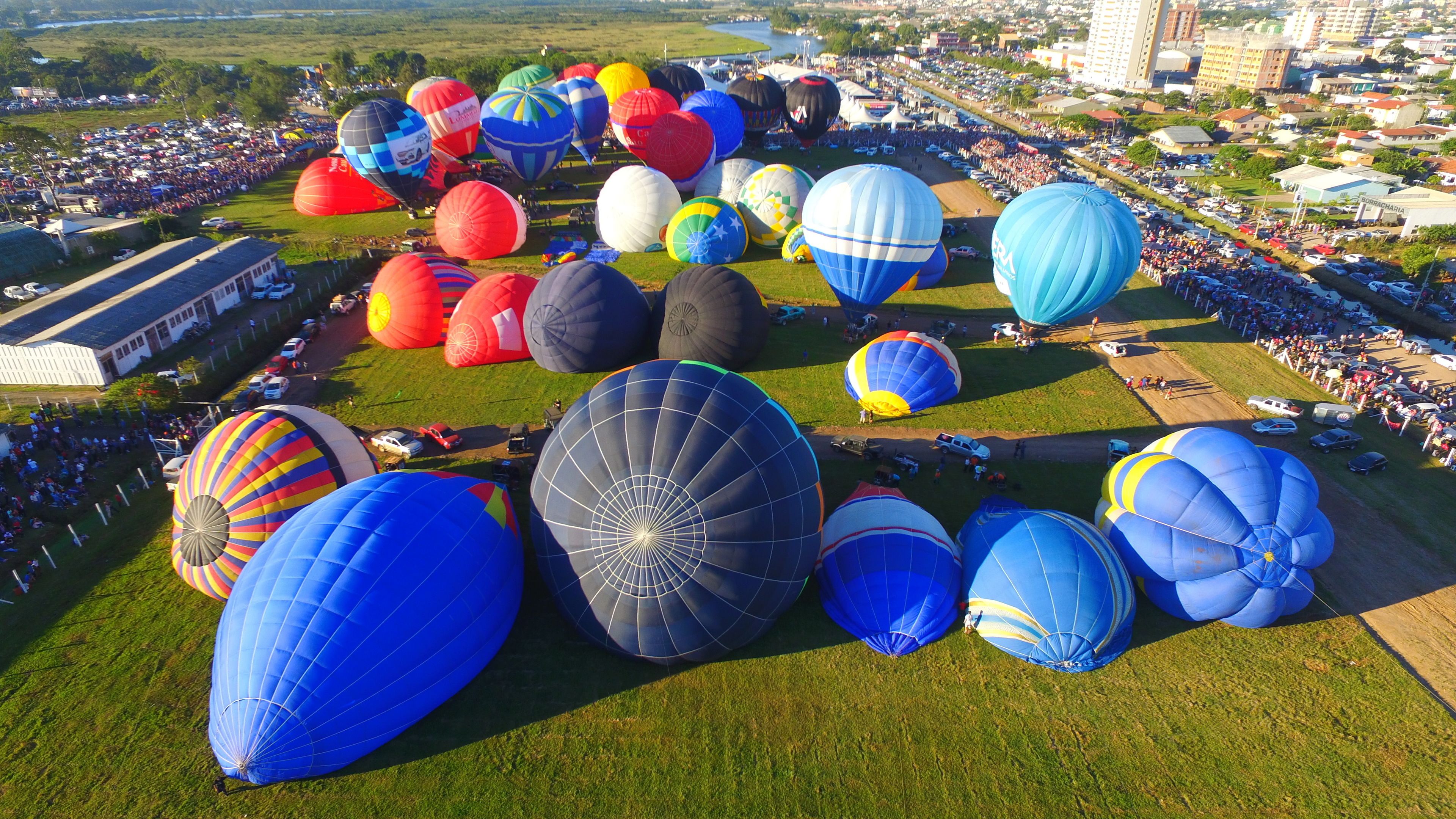 Un vasto campo abierto con numerosos globos aerostáticos de distintos colores y tamaños.