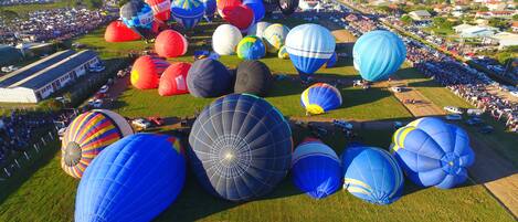 Un vasto campo abierto con numerosos globos aerostáticos de distintos colores y tamaños.