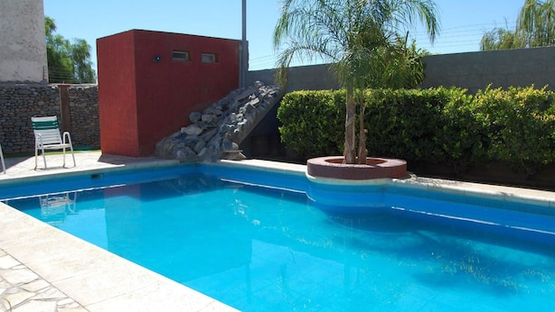 A swimming pool with a stone-tiled deck, a red building, and a palm tree.