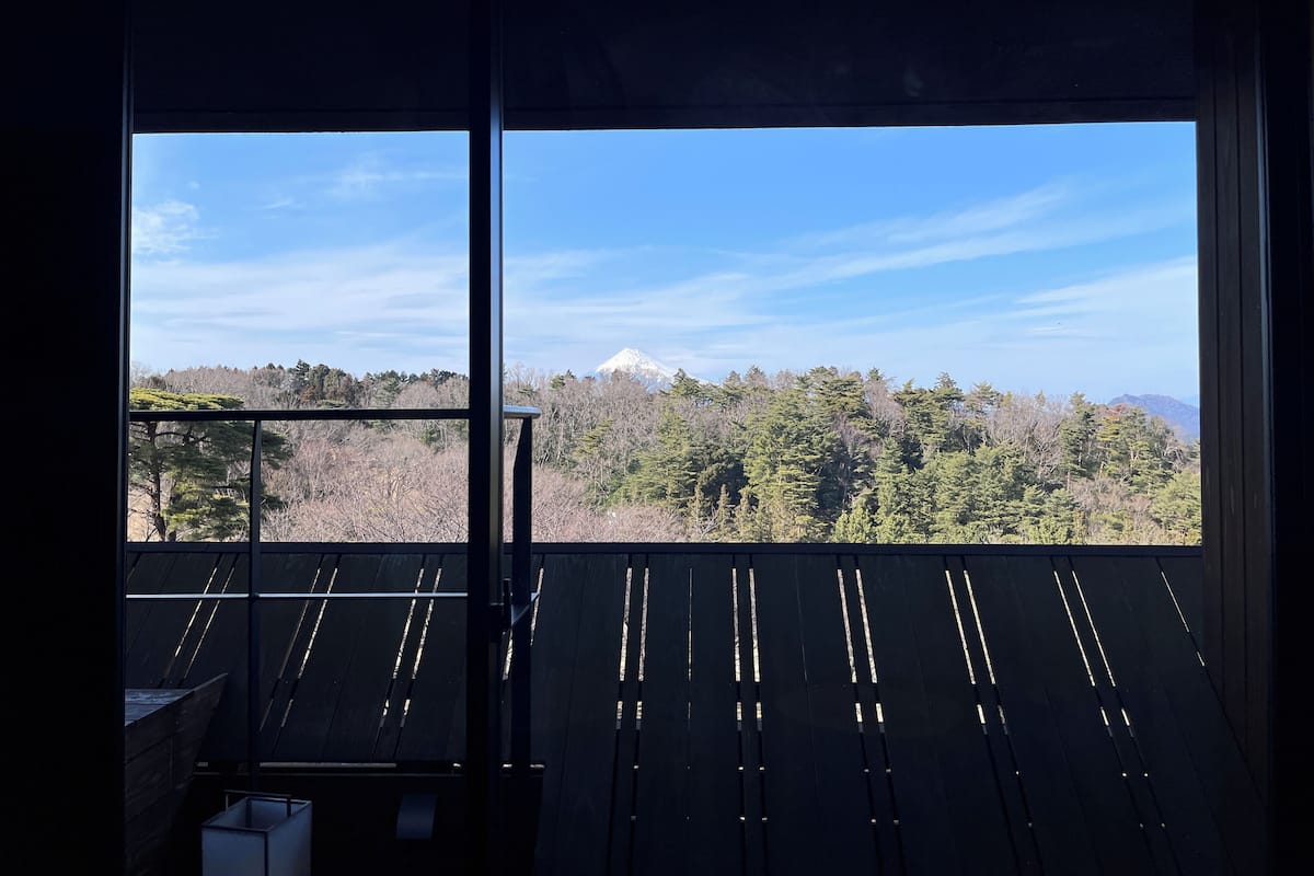 Ein Zimmer mit einem großen Fenster und Blick auf einen Wald und einen Berg.