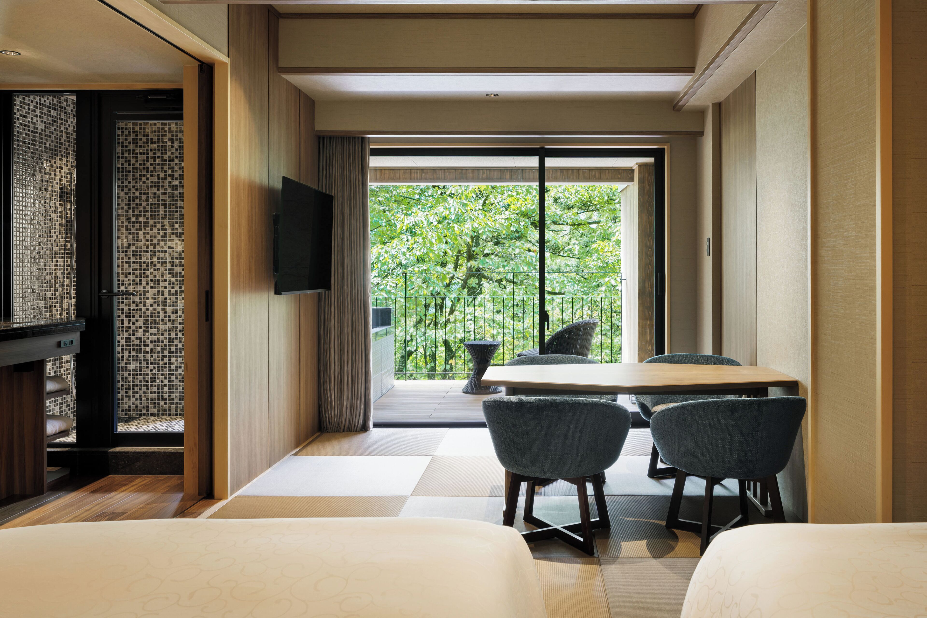 [Garden view] Japanese-Western room with private bath+terrace | Living area | Flat-screen TV