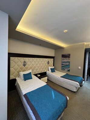 A hotel room with two beds, a headboard, a painting on the wall, and a ceiling light. - Centrum Business Hotel (Adana)
