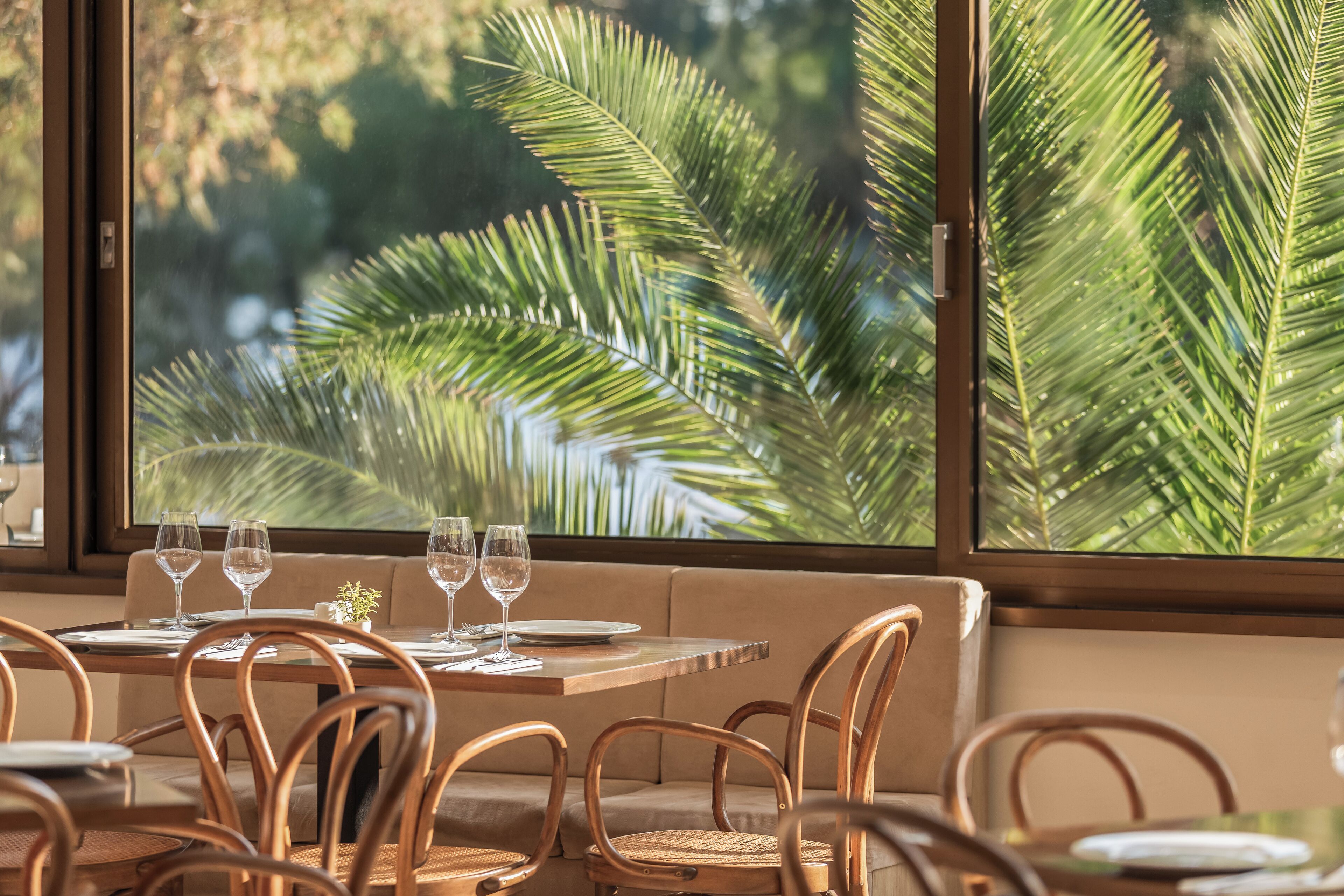 A dining area with a table set for two, wooden chairs, and a view of palm leaves through a window.