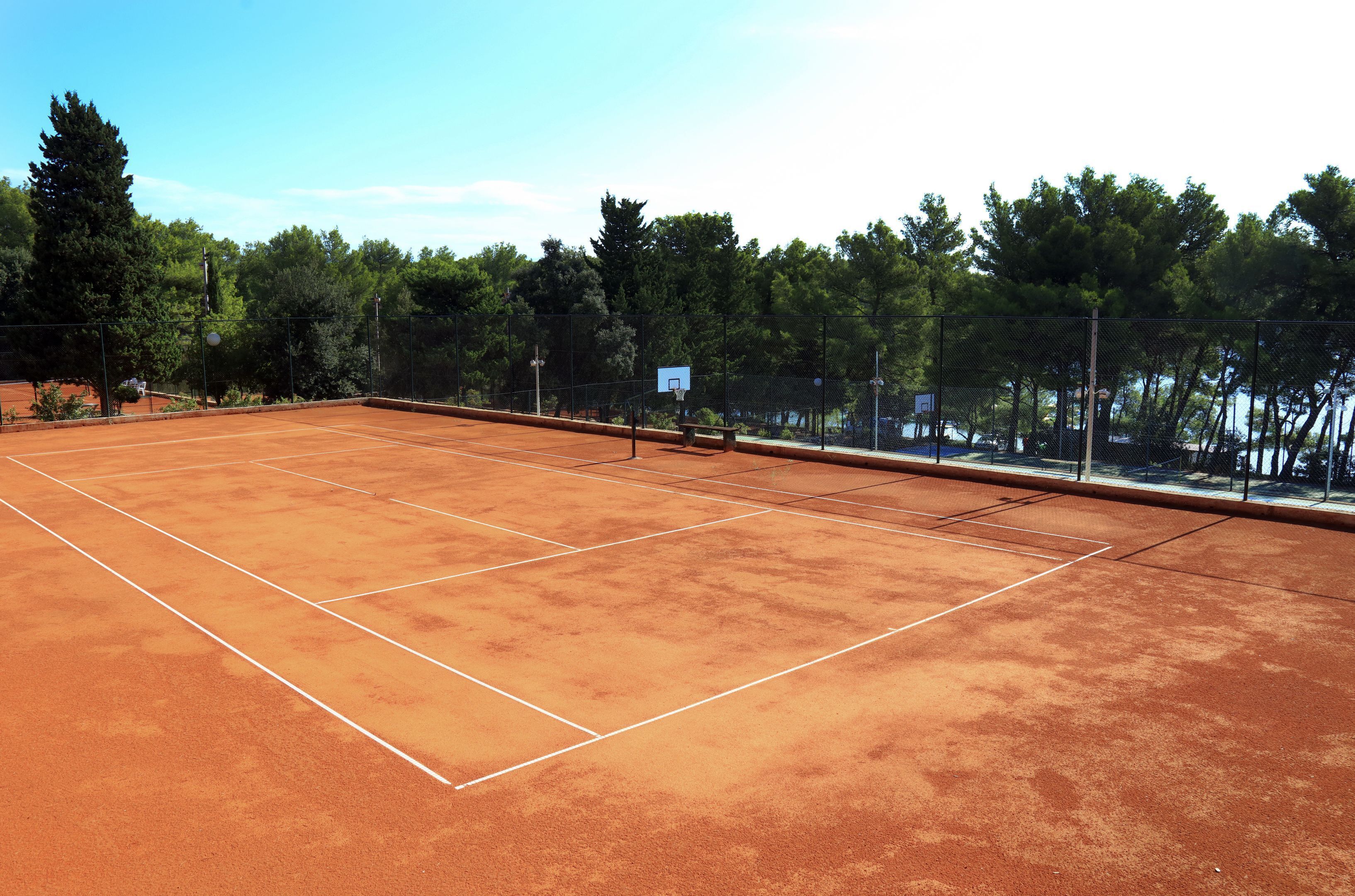 Una cancha de tenis con red, rodeada por una valla y árboles.