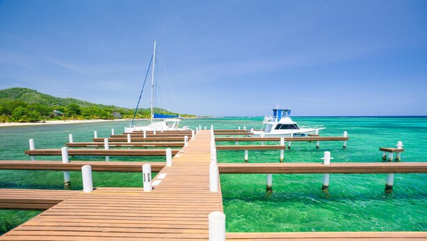 Un muelle de madera que lleva a un puerto deportivo con barcos amarrados.
