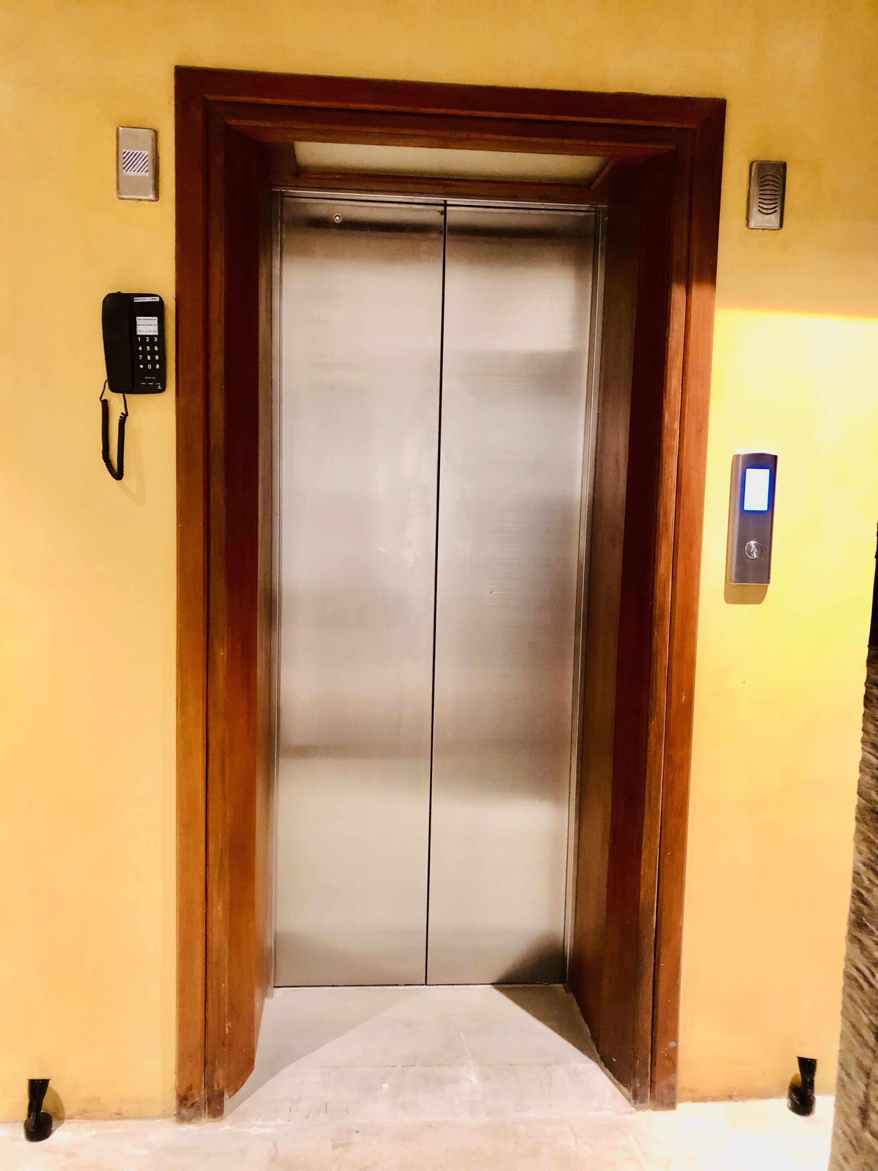 Un ascenseur aux finitions métalliques, encadré de portes en bois et doté d’un sol recouvert de moquette.