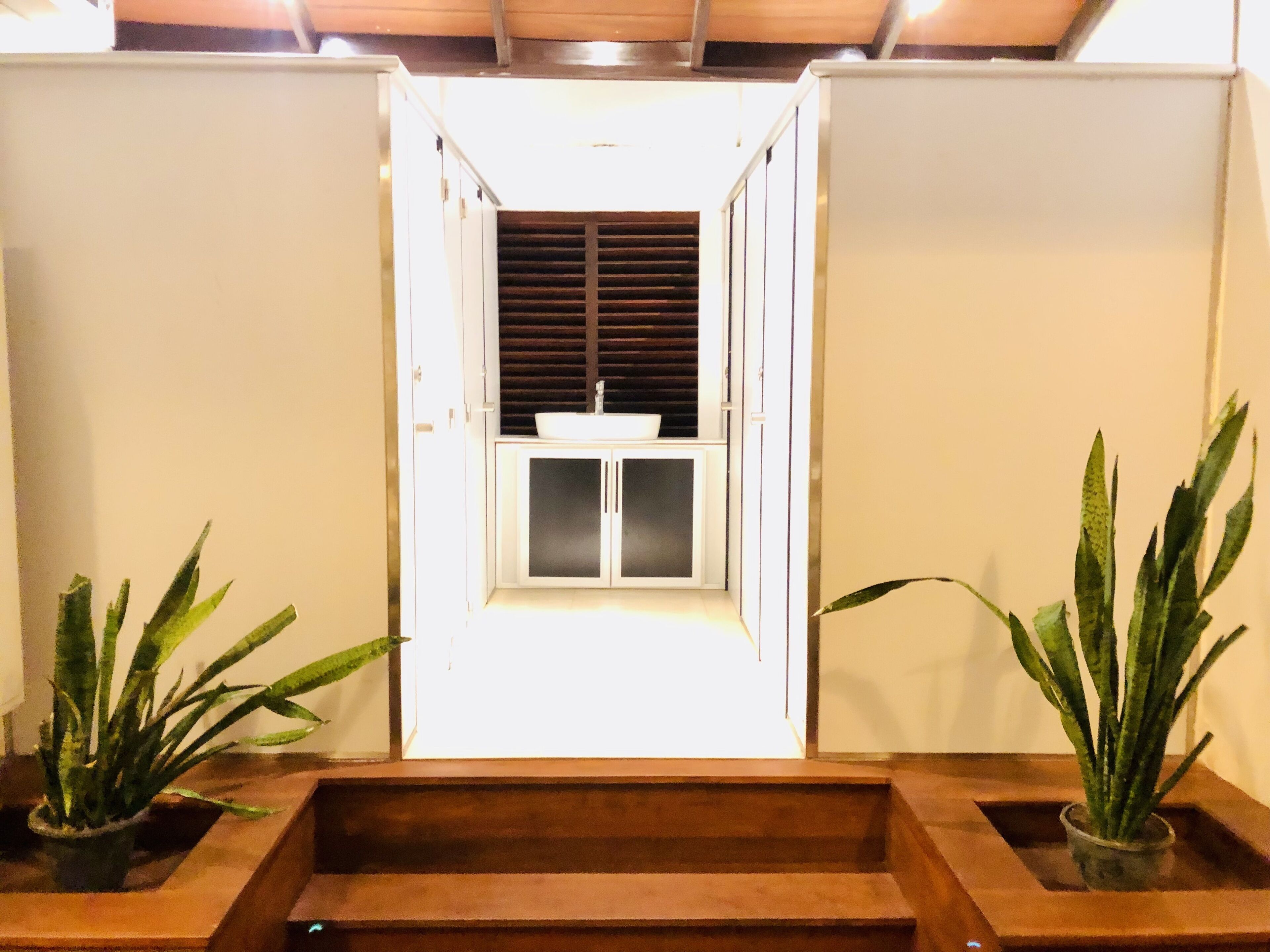 Una escalera conduce a una habitación con ventana, un lavamanos y dos macetas a cada lado.