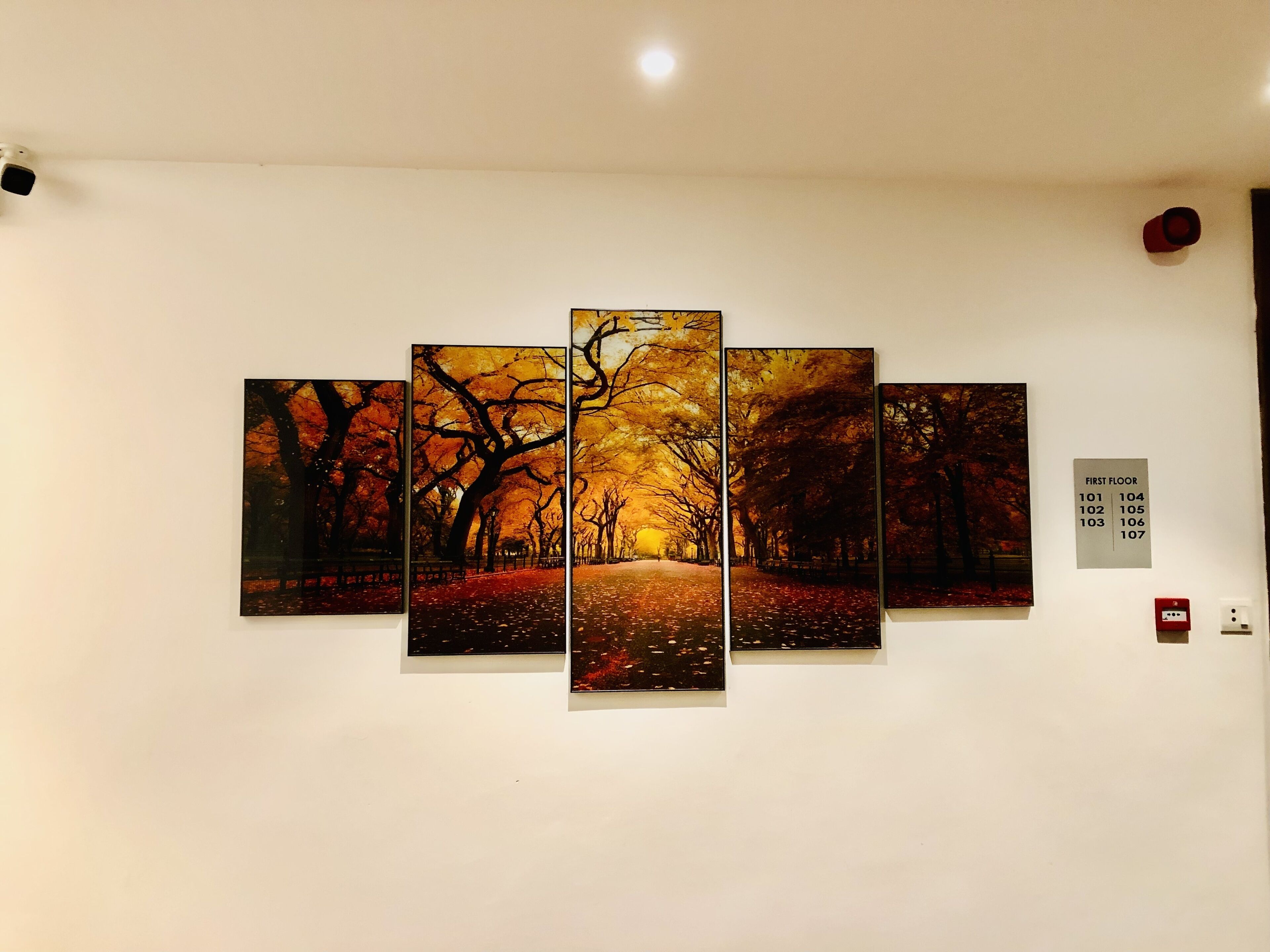 A multi-panel artwork depicting a park scene with autumn leaves, mounted on a white wall.
