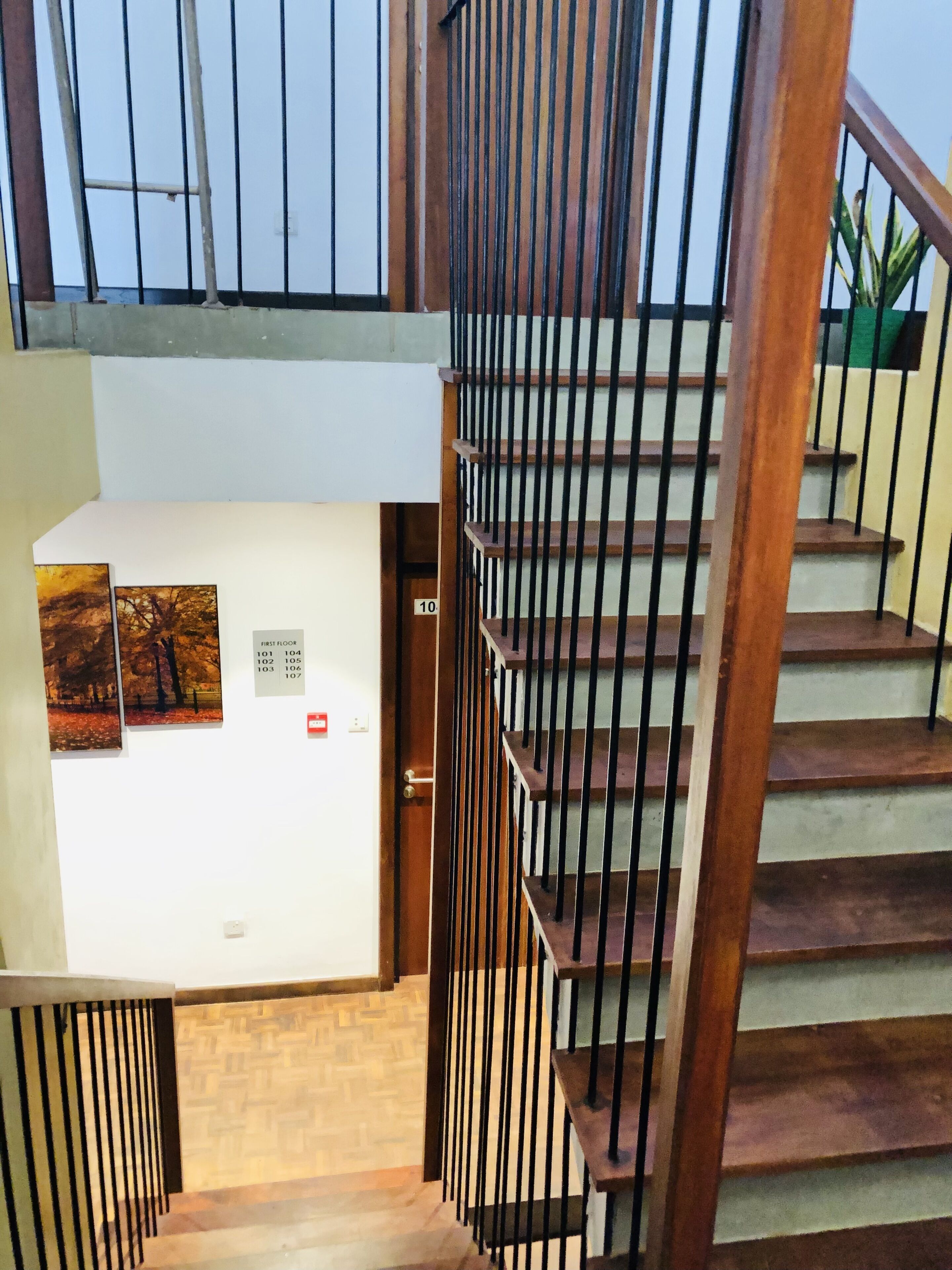 Un intérieur à plusieurs niveaux avec des escaliers en bois, un mur blanc avec une porte et un détecteur d’incendie.