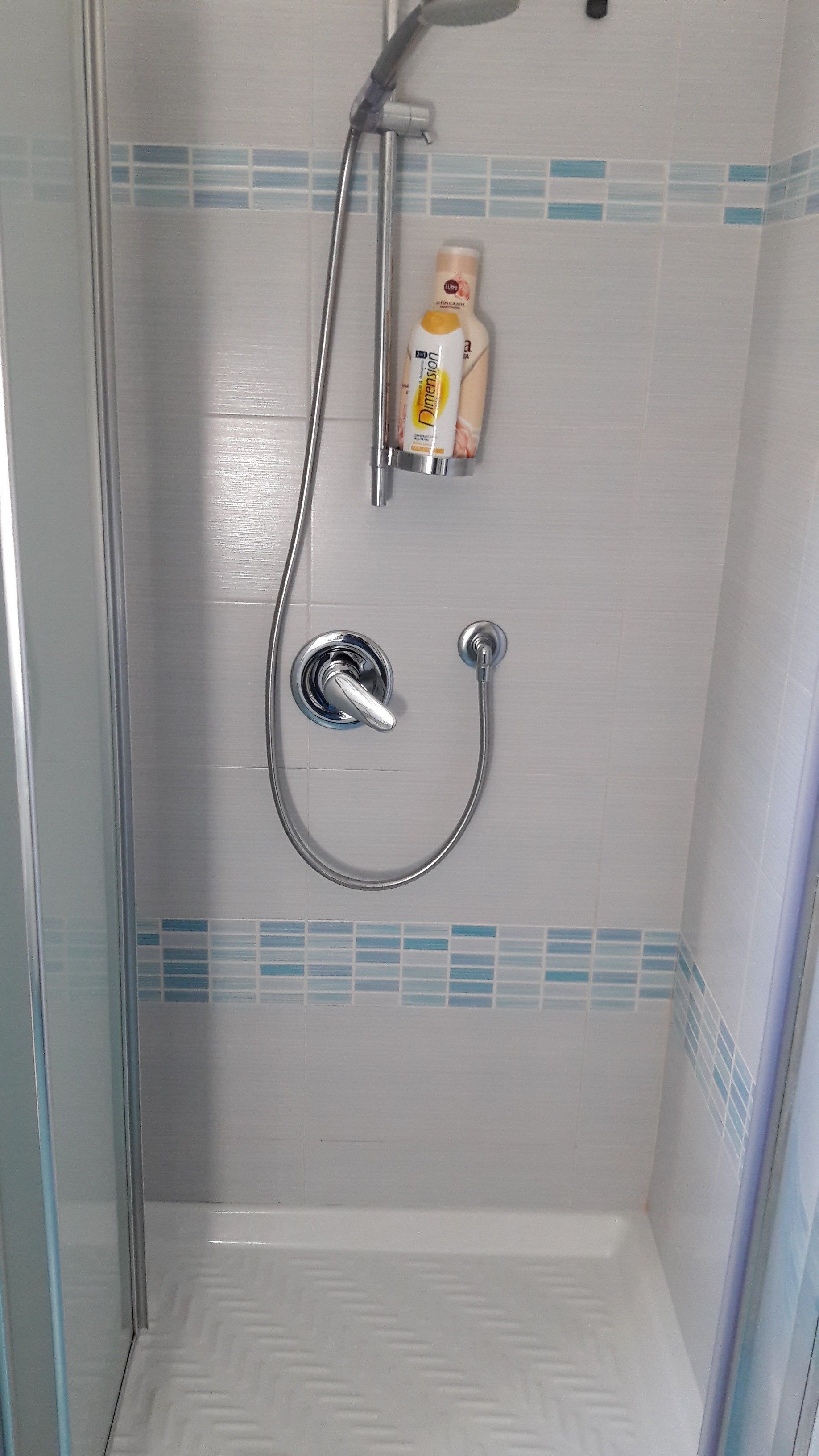Une douche équipée d’un pommeau de douche à main et d’un robinet fixé au mur.