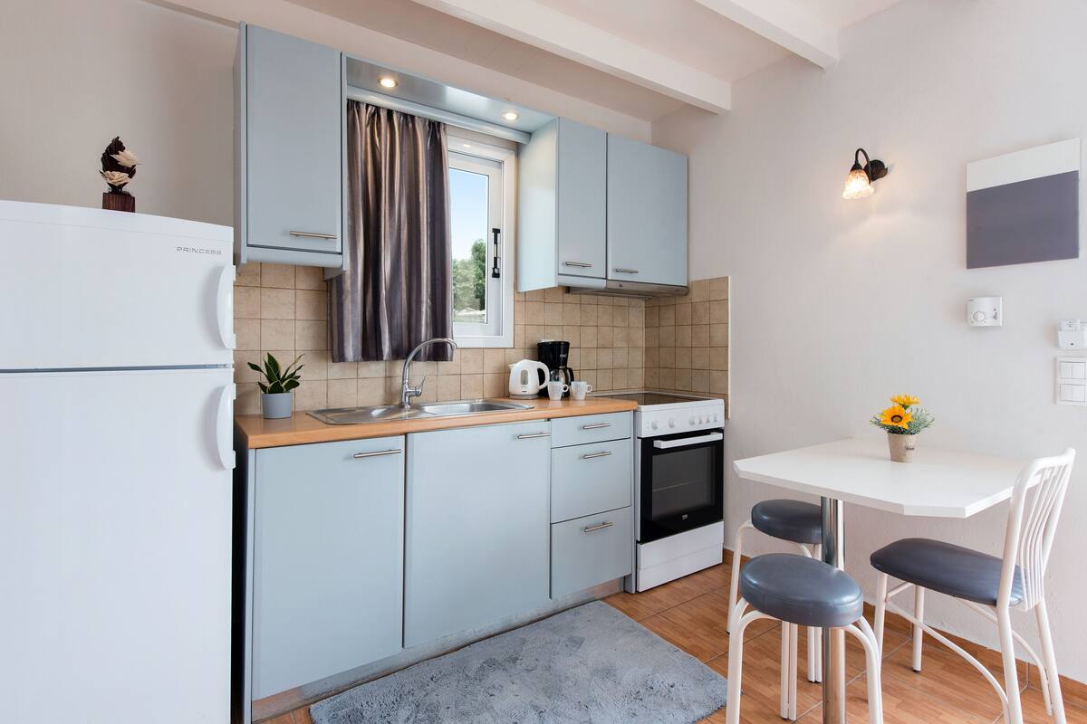 A compact kitchen with light blue cabinets, a white refrigerator, a stove, and a sink. There's a small table with two chairs and a potted plant on the counter.