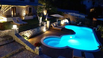 Seasonal outdoor pool, pool umbrellas, pool loungers