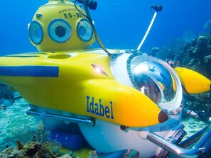 A yellow submarine with the name "Idabel" and a website URL. - Sunset Villas 12I (Roatan)