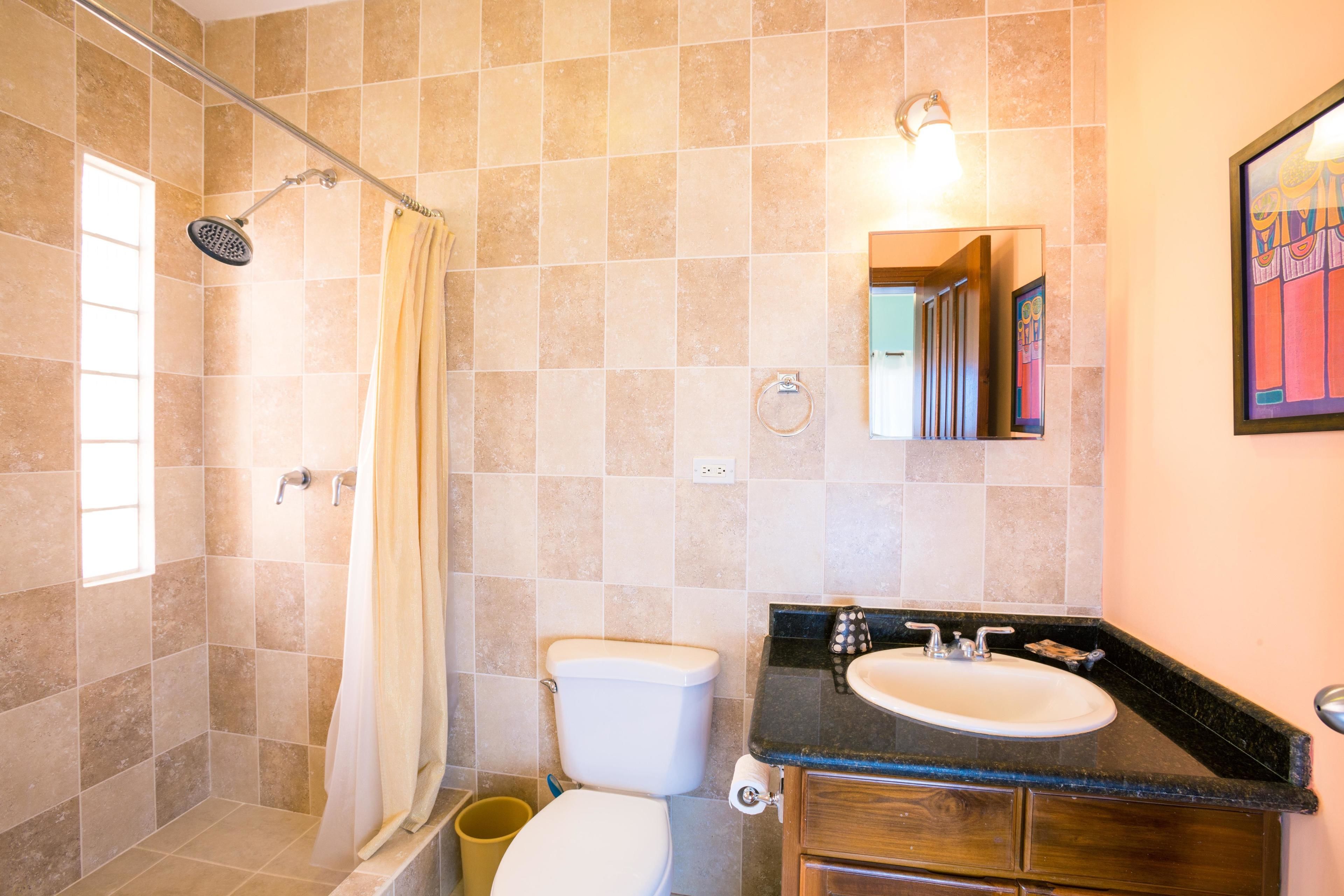 Een badkamer met een douche, toilet, wastafel en een spiegel.