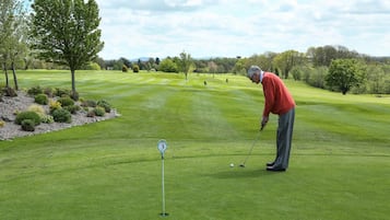 A golf course with a putting green, a flagstick, and a golfer in a red sweater.