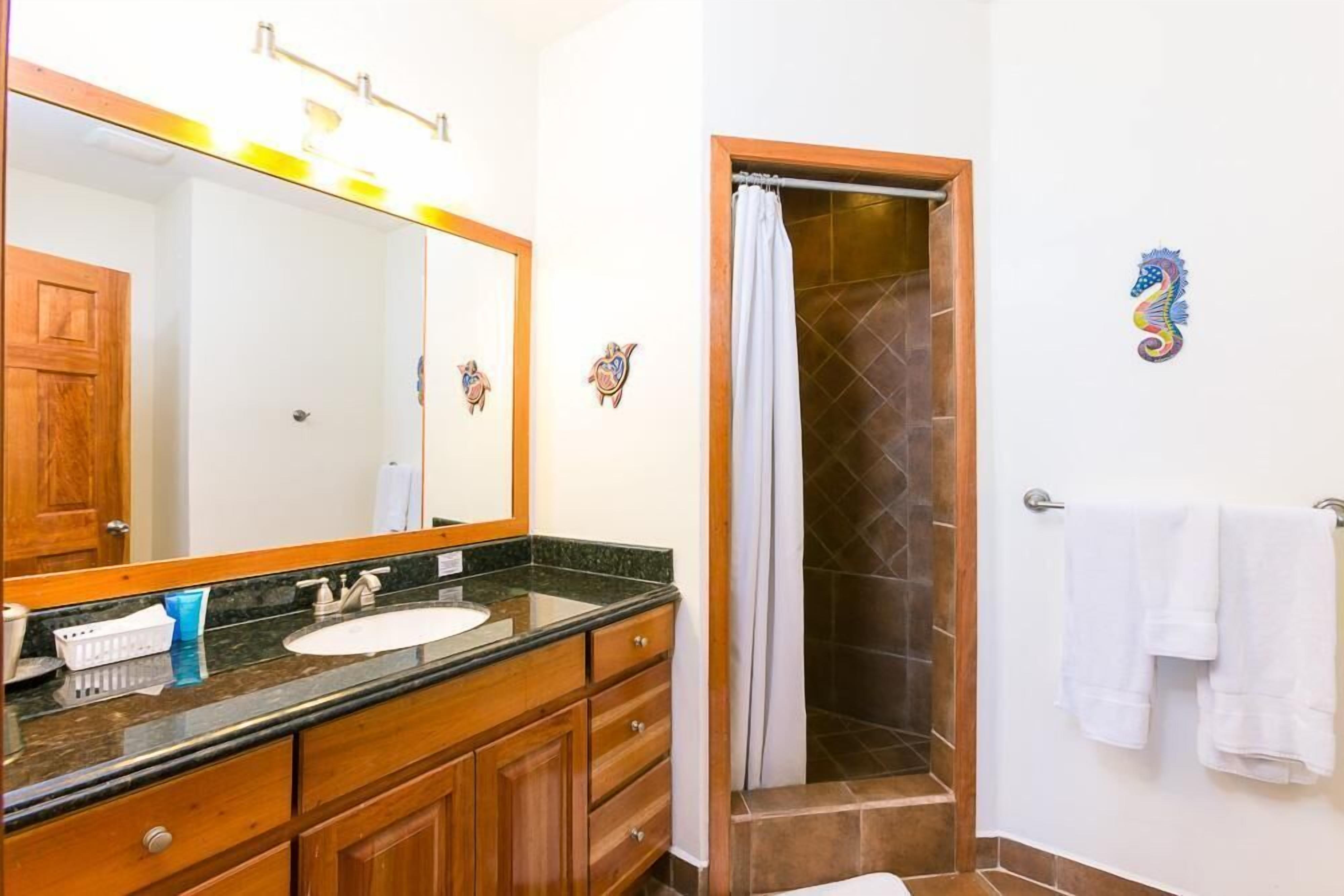 Un bagno con un mobile vanitario in legno, uno specchio grande, una doccia con tenda e un porta asciugamani.