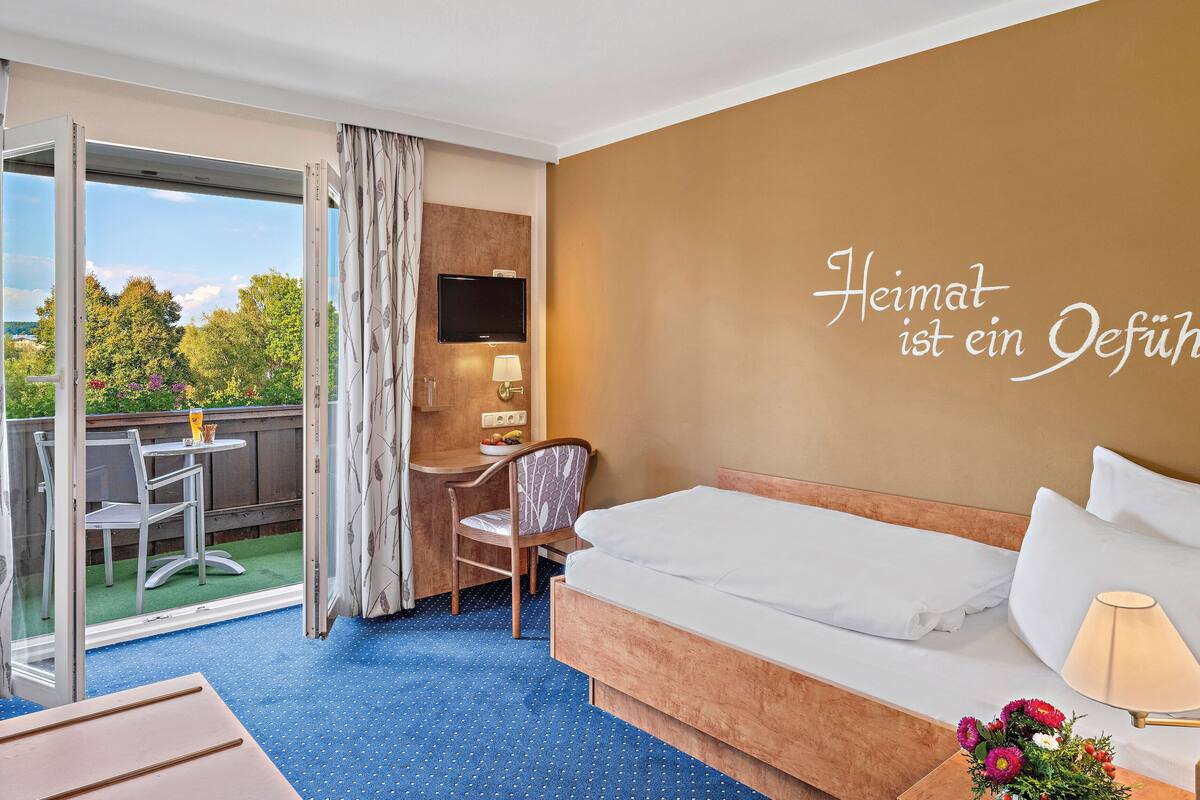 A hotel room with a bed, a desk, a chair, a TV, and a balcony with a view of trees and a garden.