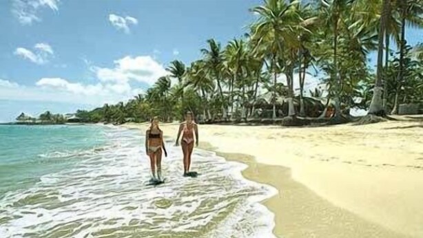 Deux personnes se promènent sur une plage de sable, avec des palmiers et l’océan en arrière-plan.