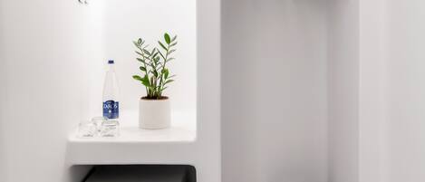 Une salle de bain blanche avec un miroir, une plante en pot, une bouteille d’eau, une boîte noire et une paire de chaussons.