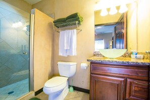 Ein Badezimmer mit Duschkabine aus Glas, Toilette, Waschbecken mit Granitplatte und Spiegel über dem Waschbecken.