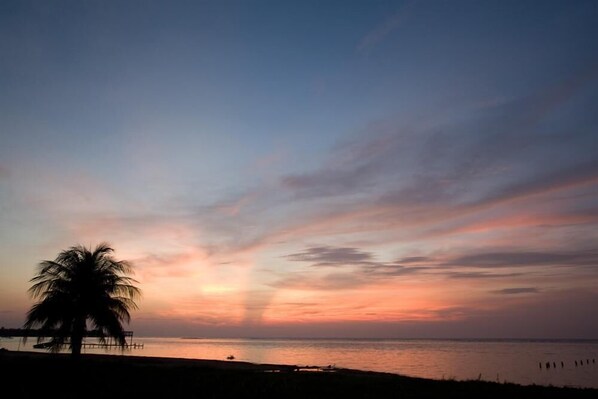 A sunset over a calm sea with a palm tree silhouette and a pier extending into the water.