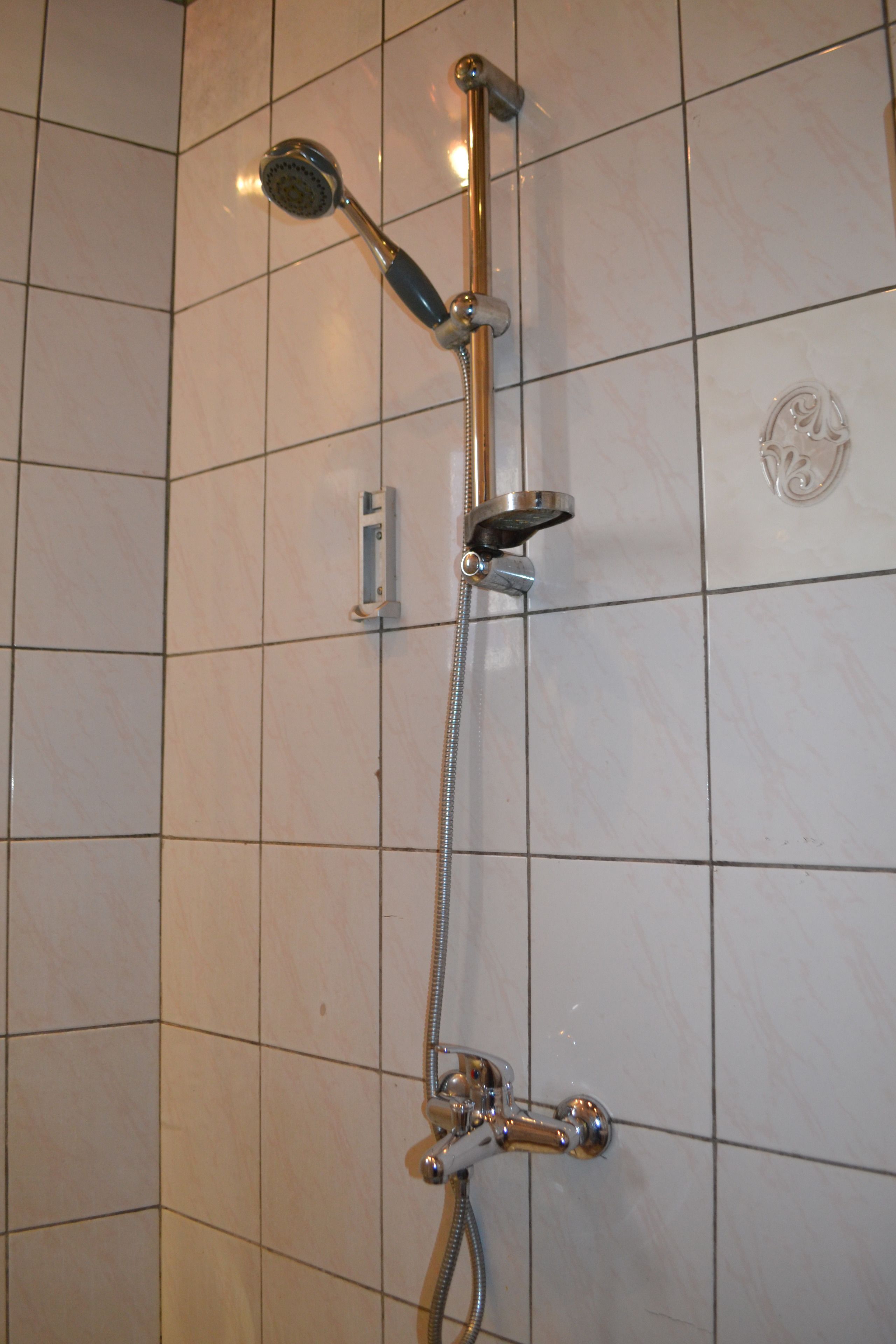Une douche équipée d’un pommeau de douche à main et d’un robinet fixé au mur.