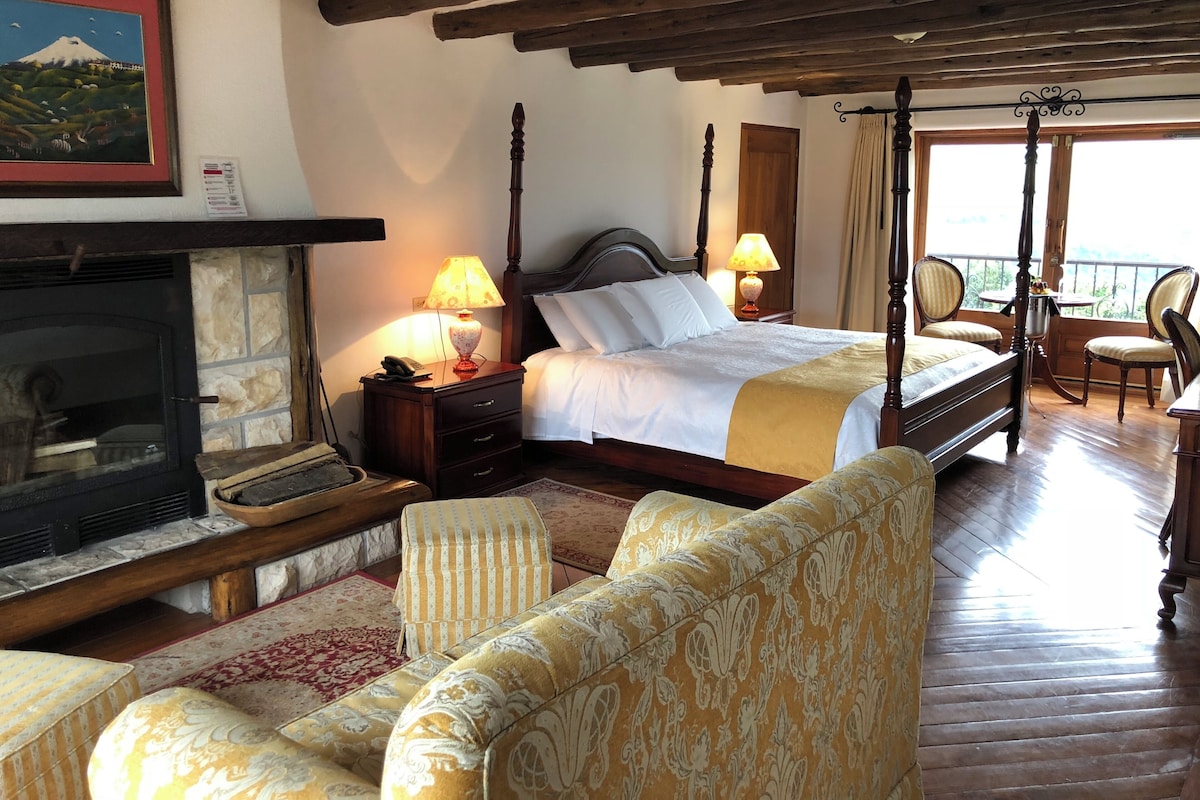 Un dormitorio con cama con dosel, lámparas de noche, chimenea y balcón con sillas.