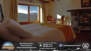 Una habitación de hotel con una cama grande, una chimenea de piedra y vistas a la montaña.
