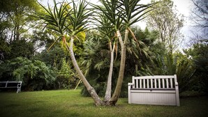 A garden with palm trees and a white fence. - Sunbird Guest House (Howick)