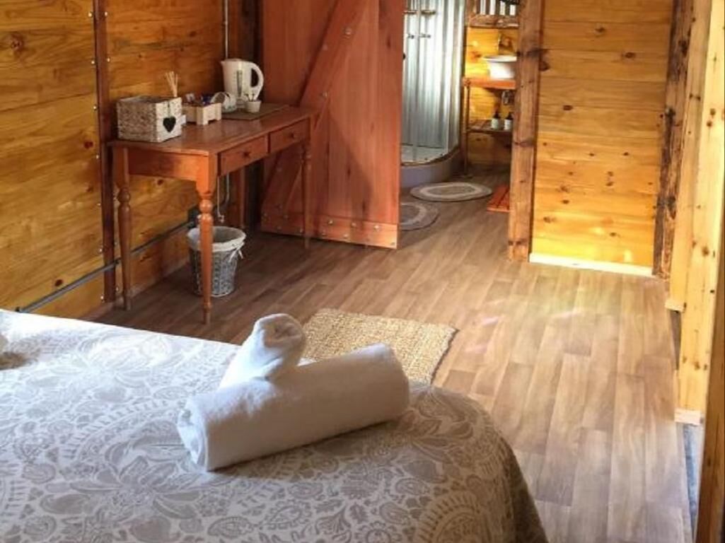 Interior de uma cabana de madeira com uma cama, uma pequena mesa com uma chaleira e uma porta que dá para um espaço com chuveiro.