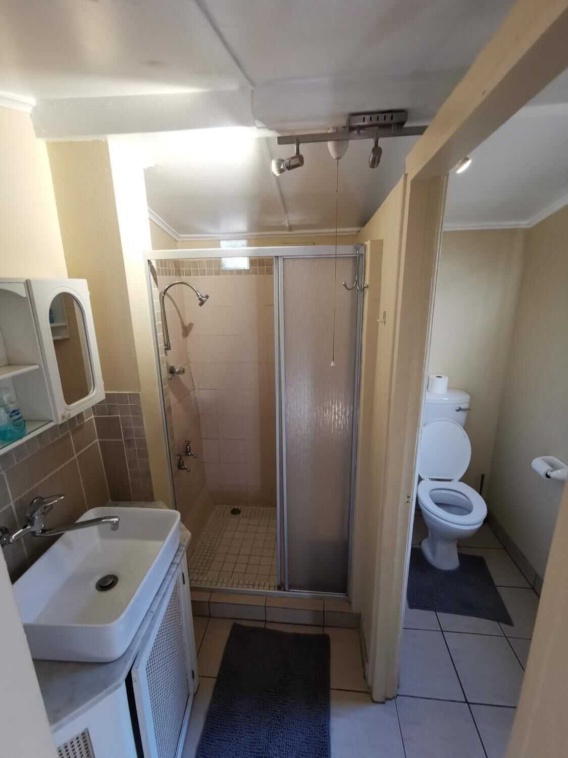 A bathroom with a shower, toilet, sink, and mirror.