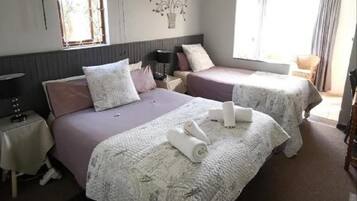A bedroom with two beds, a nightstand, a lamp, and a window with curtains.