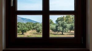 A window with a view of a tree-lined path and distant mountains. - Penelope Villas (Kefalonia)