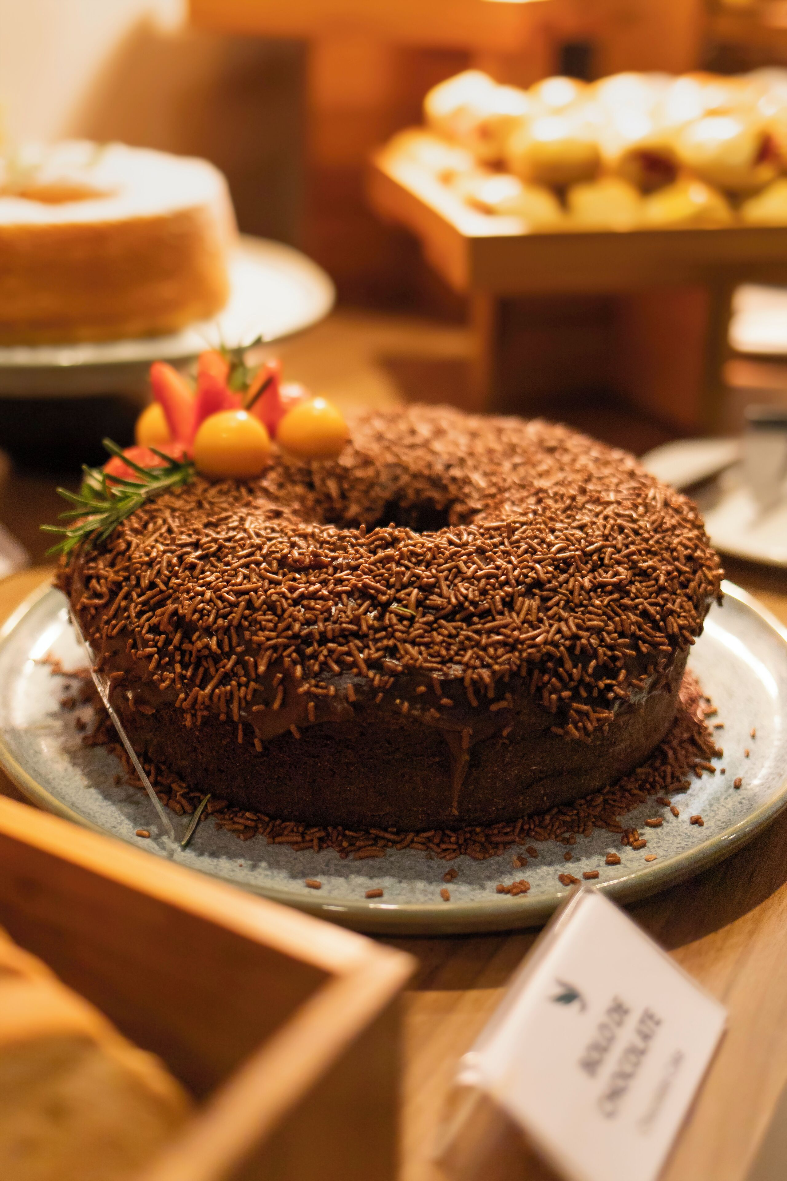 A chocolate cake with sprinkles on a plate.