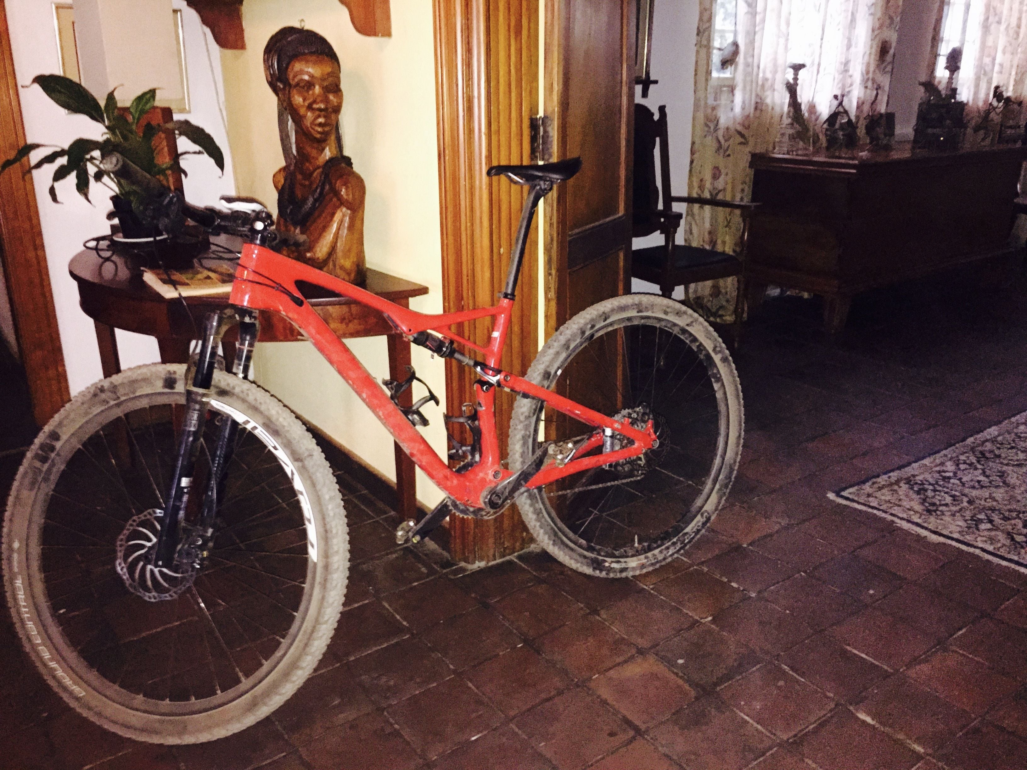 Una bicicleta en una habitación con suelo de baldosas, una silla de madera, una planta en maceta y una estatua.
