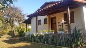 A house with a tiled roof, a porch with potted plants, and a garden with tall green plants.