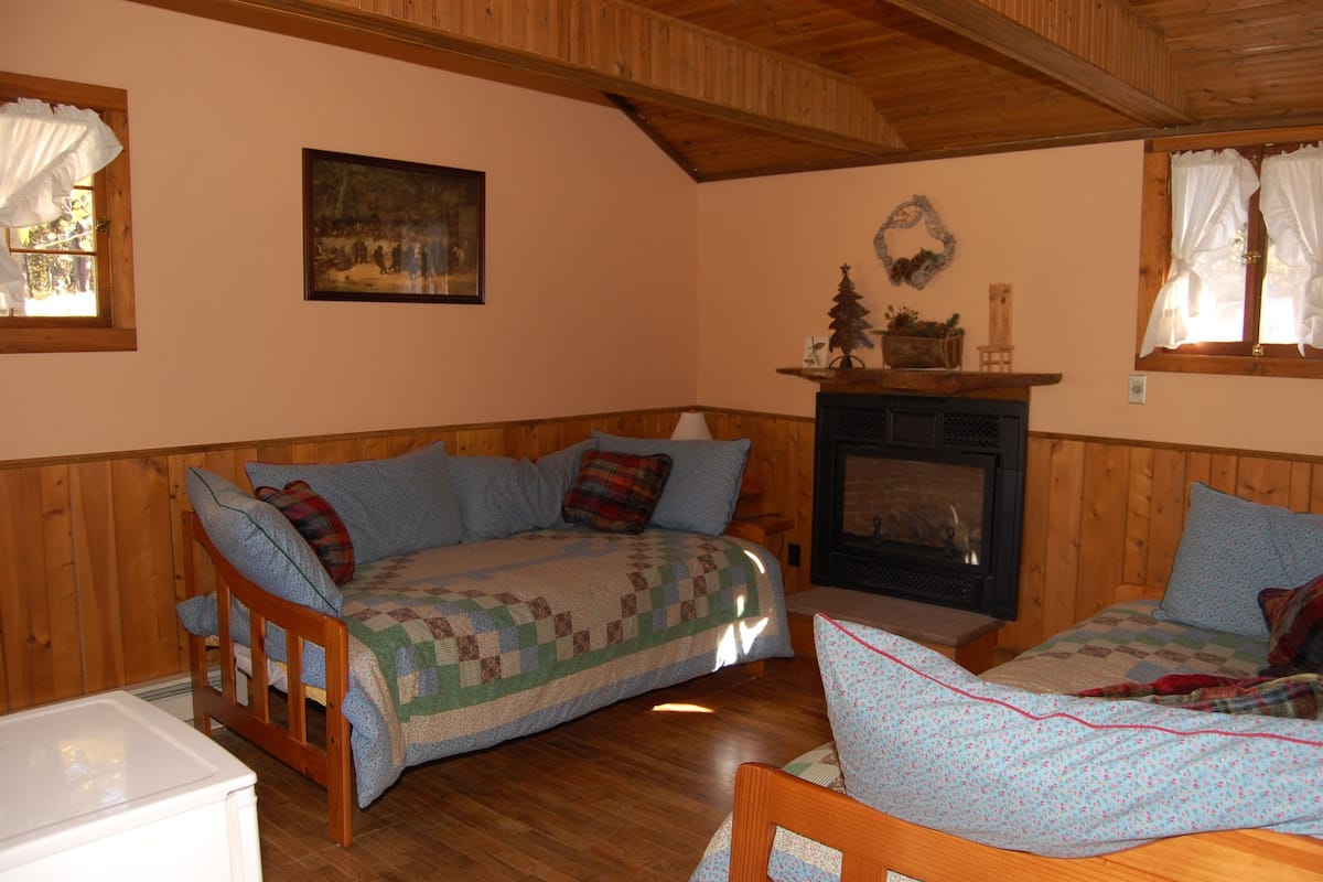 A cozy room with a wooden floor, a fireplace, a bed with a quilt, and a painting on the wall.