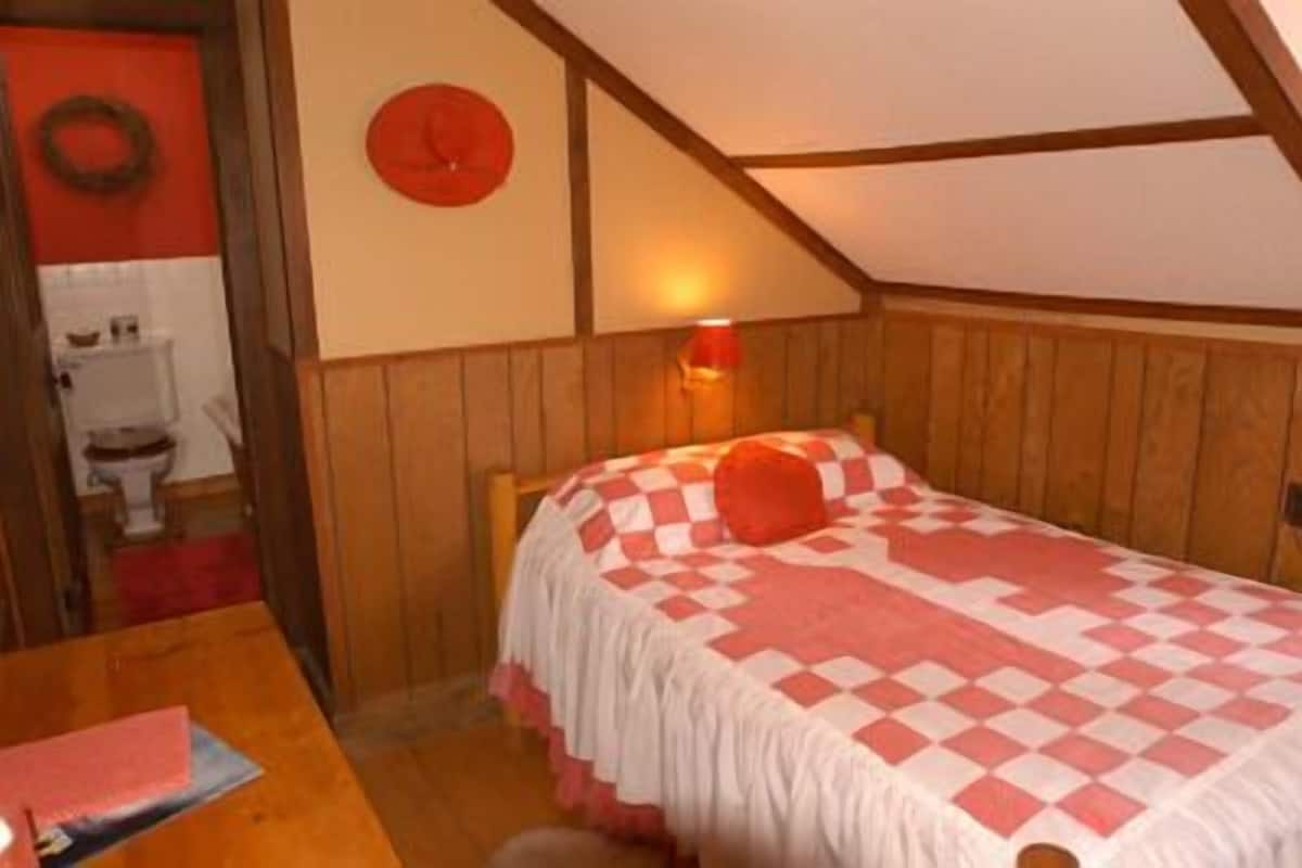 A bedroom with a checkered bedspread, wooden walls, a sloped ceiling, and a red wall decoration.