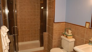 A bathroom with a glass-enclosed shower, a toilet, and a sink.